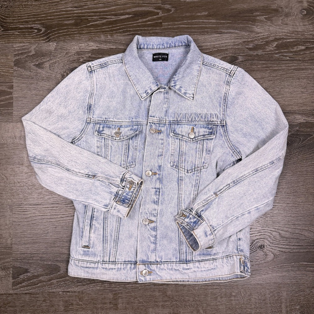 White Fox Denim Jacket Womens S/M Light Wash Acid Blue Embroidered Logo
